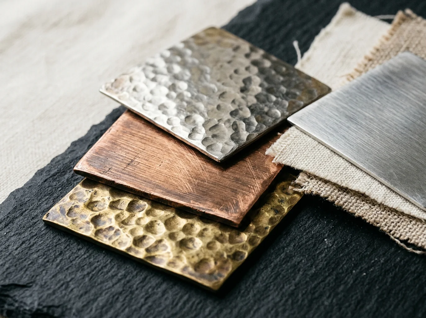 Stacked brass, copper and silver-tone material samples in editorial light