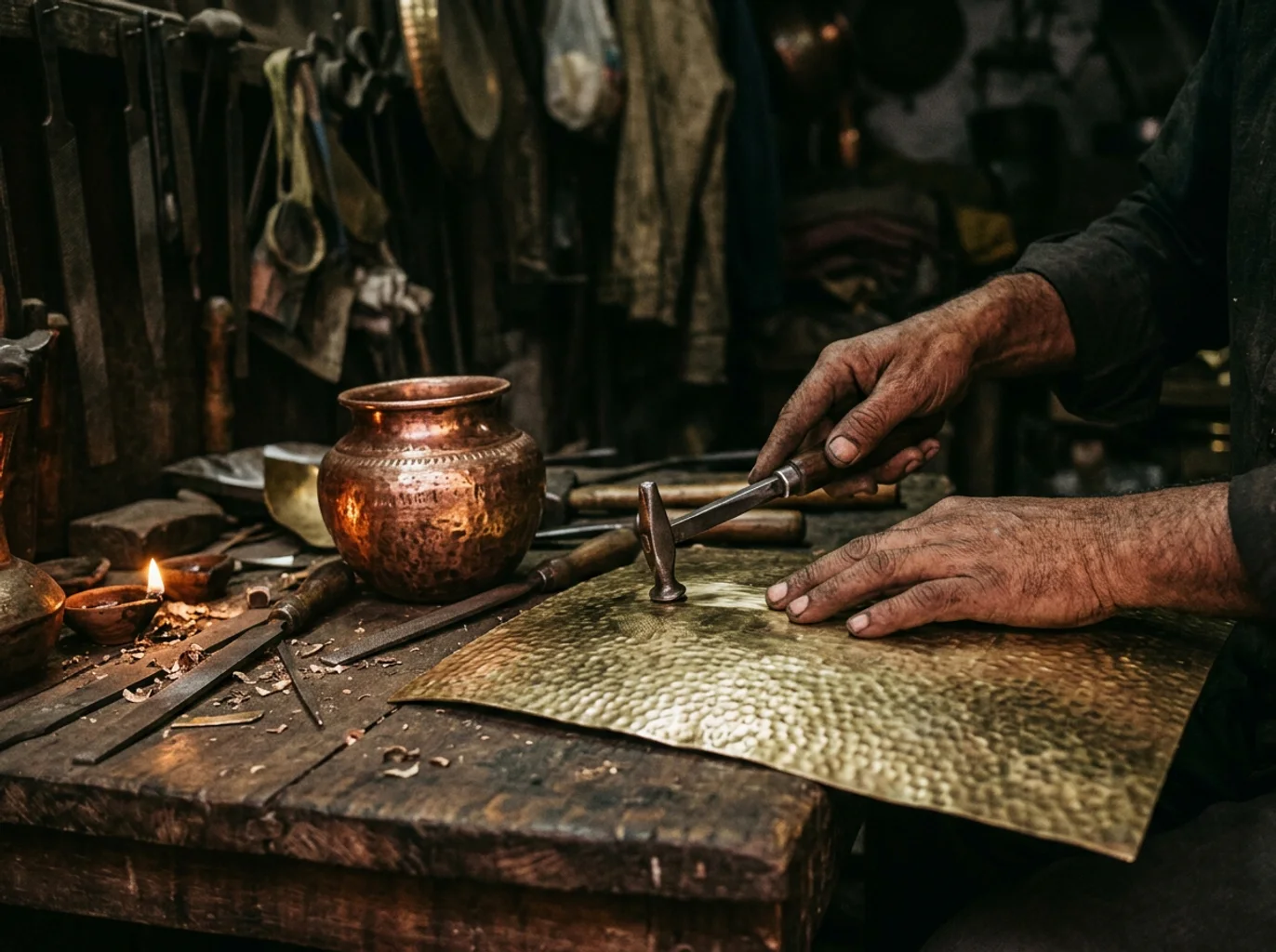 Close view of metal craft finishing tools and hammered brass surfaces