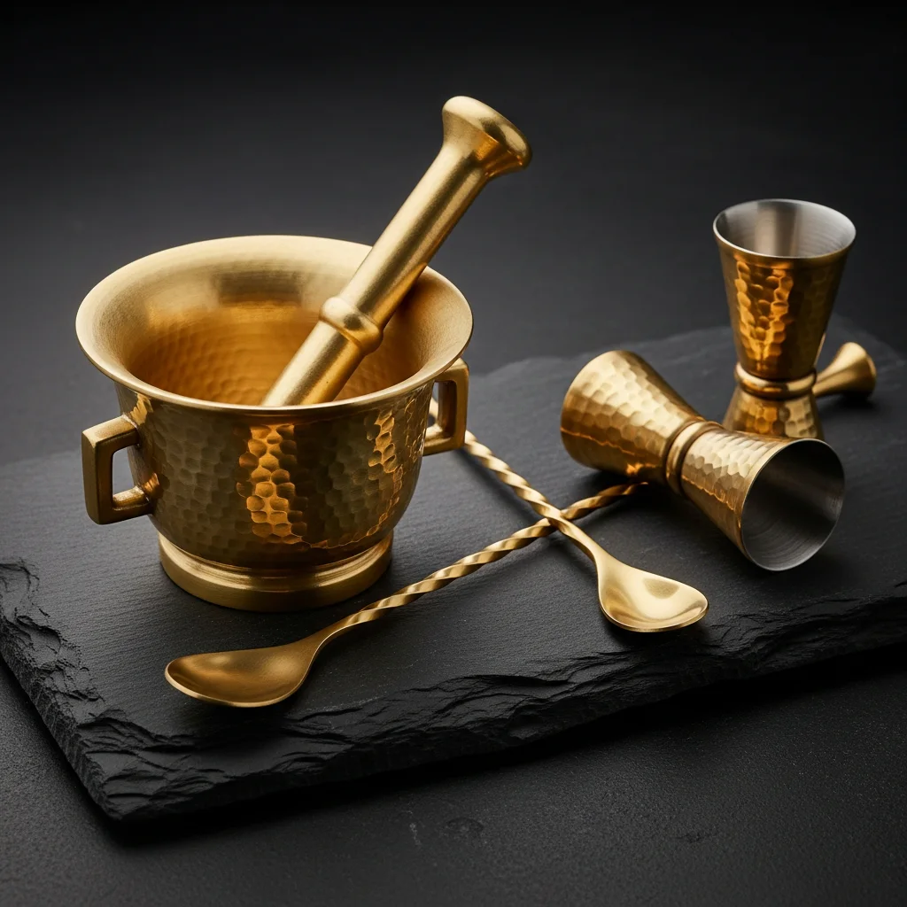 Brass cocktail mortar and pestle with bar tools