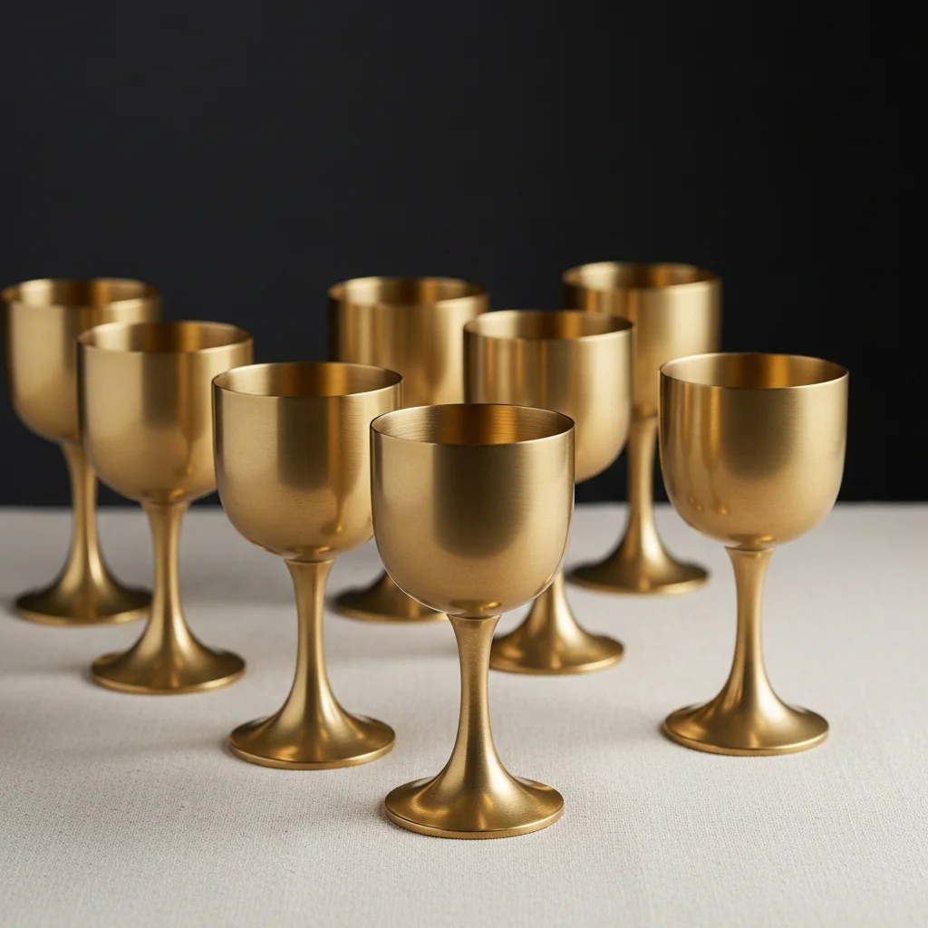 Brass goblets with brushed stems in low studio light