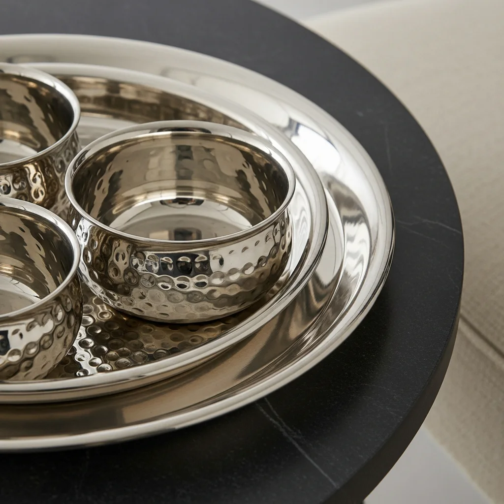 Silver-tone thali with hammered brass serving bowls