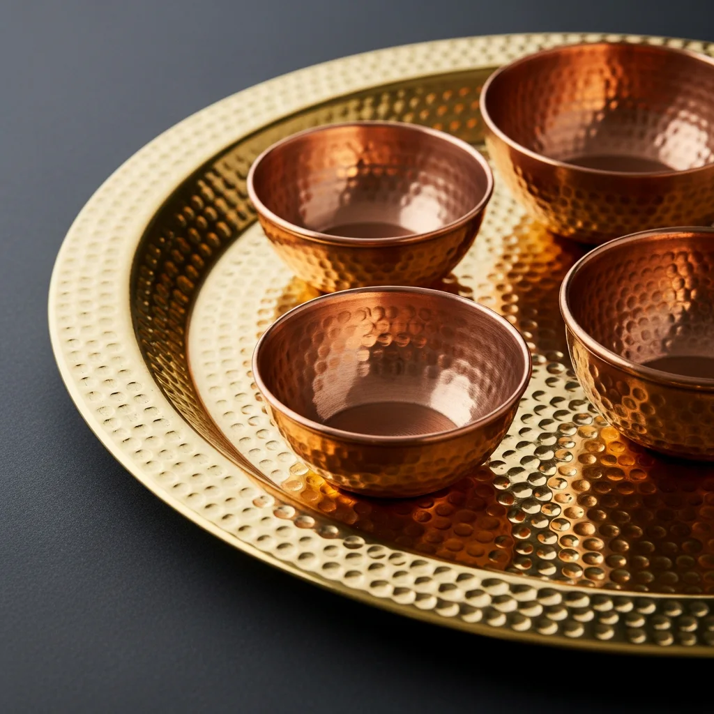 Large hammered brass serving tray with copper bowls