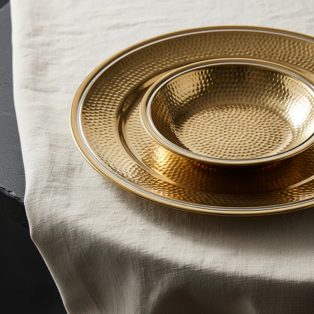 Hammered brass dinner plate and bowl on cream linen